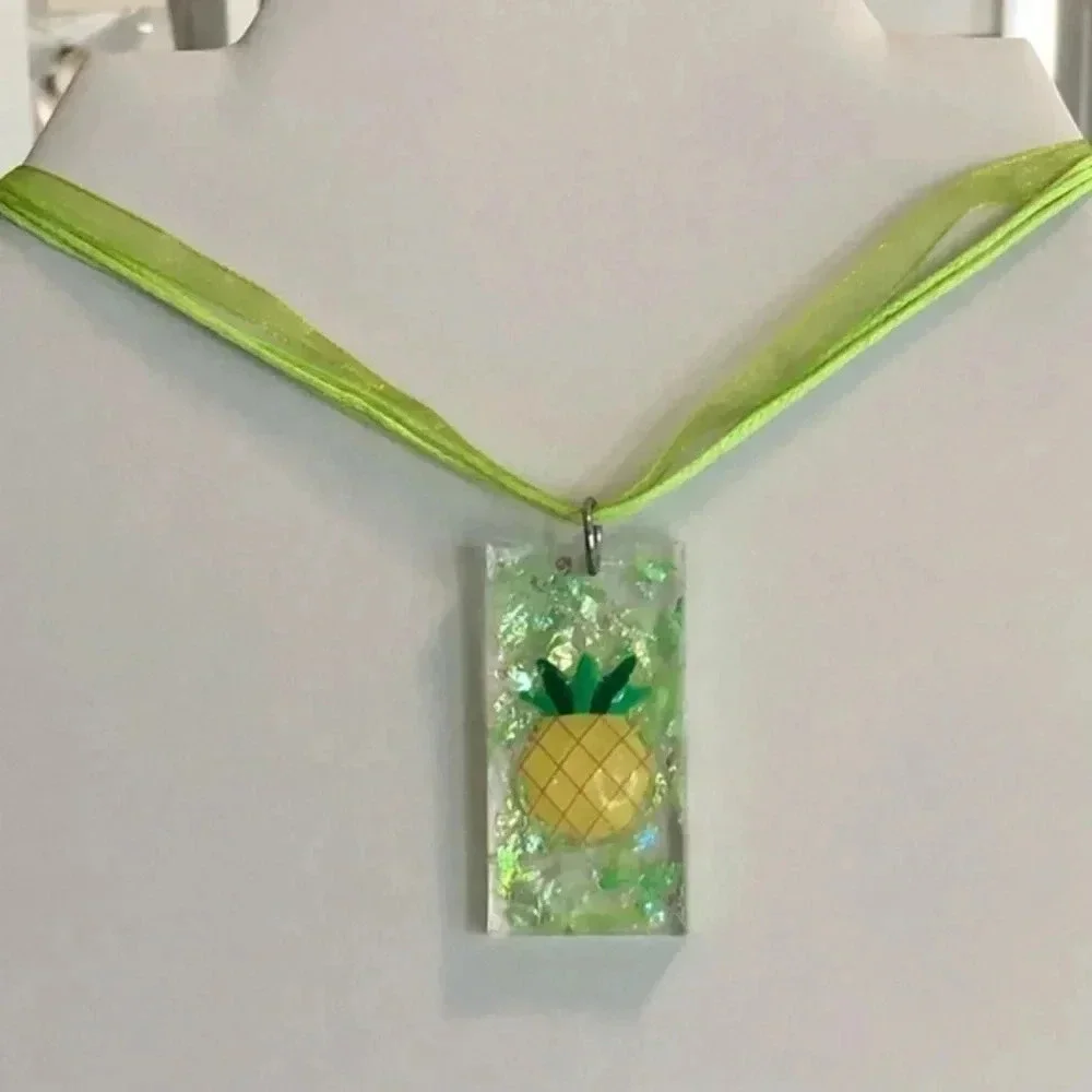 Pineapple Green Yellow Glitter Resin Taffeta Ribbon Necklace Handmade New NWT
